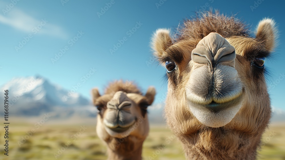 Obraz premium A couple of camels standing next to each other in a field