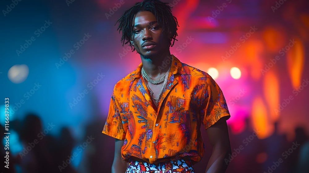 Fototapeta premium Runway model wearing a fitted polo shirt and patterned pants, illuminated by vibrant lighting