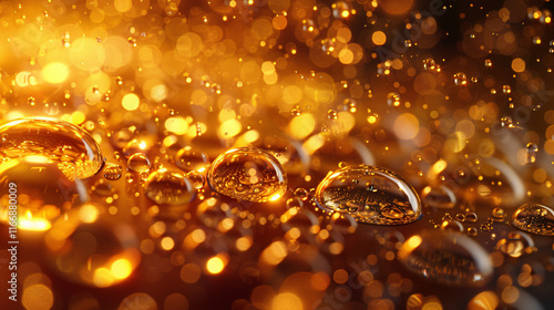 Sparkling water droplets captured in a close-up on a golden reflective surface, depicting a warm and luxurious feel