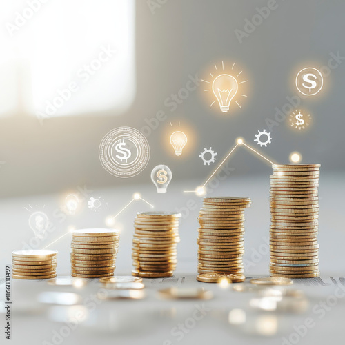 Growing stacks of coins represent investment and financial growth alongside digital icons of money and innovation