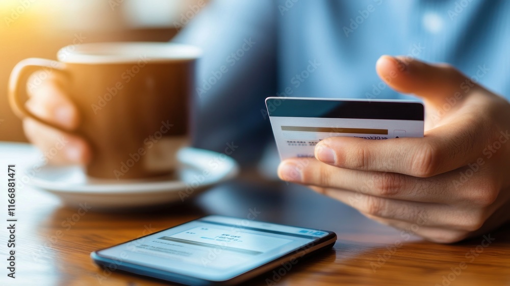 Person using credit card and mobile phone for payment Person using credit card and mobile phone for payment
