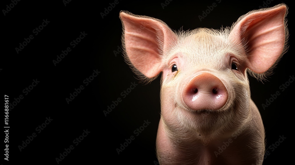 A close up of a pig's face on a black background A close up of a pig's face on a black background