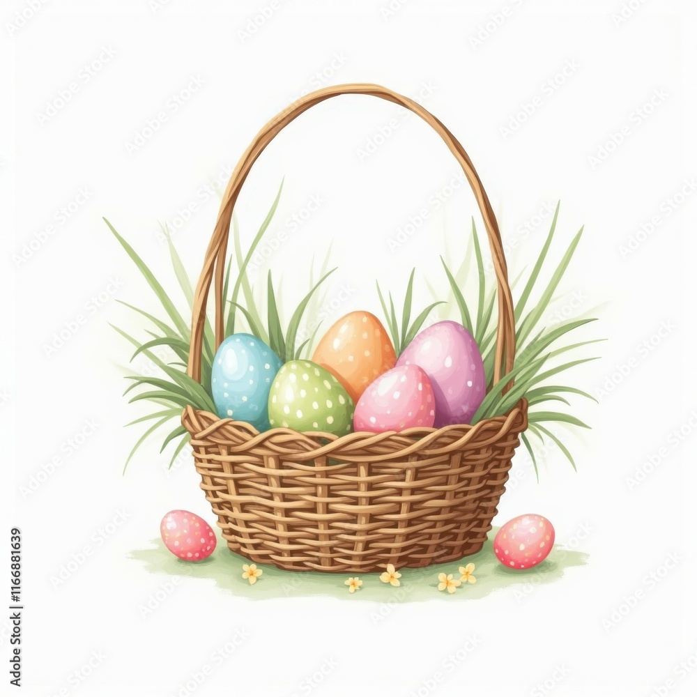 Naklejka premium Colorful Easter eggs in a woven basket surrounded by grass and flowers during springtime