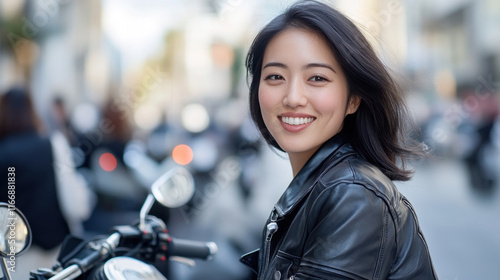 Japanese woman in black leather jacket sitting on a motorbike at city street