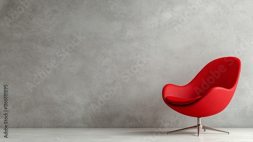A red chair sitting in front of a concrete wall