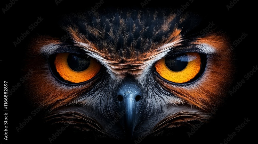A close up of an owl's face with yellow eyes A close up of an owl's face with yellow eyes