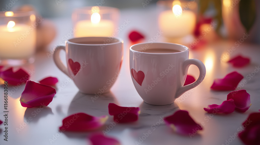 Fototapeta premium Romantic Coffee Table Setting with Heart Shaped Mugs Rose Petals and Candlelight Ambiance