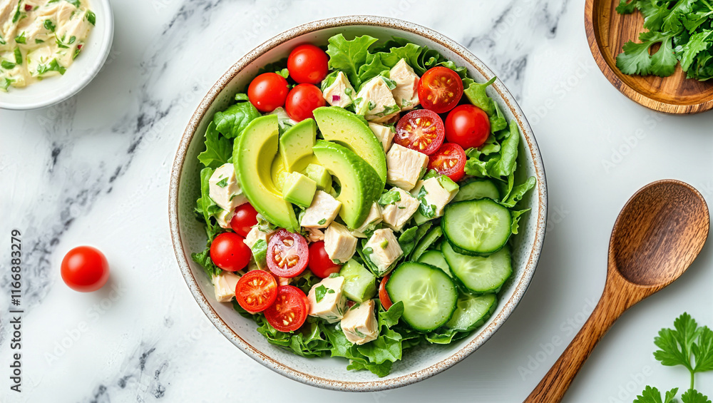 Healthy Vegetable Chicken Salad with Avocado on a White Marble Background, Dish and food on Table Healthy Vegetable Chicken Salad with Avocado on a White Marble Background, Dish and food on Table
