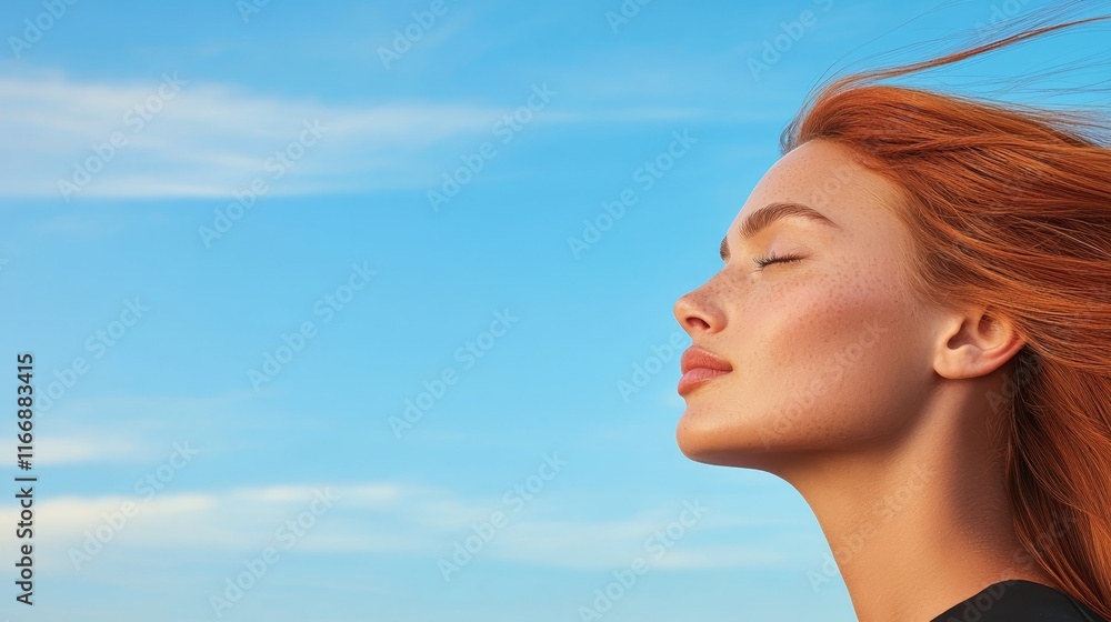 A woman with her eyes closed and her hair blowing in the wind A woman with her eyes closed and her hair blowing in the wind