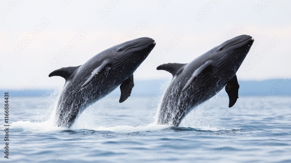 Fototapeta premium Two humpback whales jumping out of the water