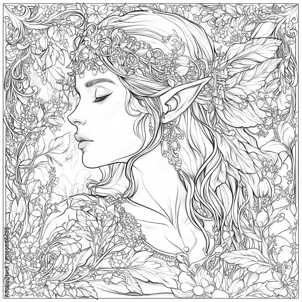 Fototapeta premium Portrait Noble Elf Maiden Fairy Kingdoms Coloring