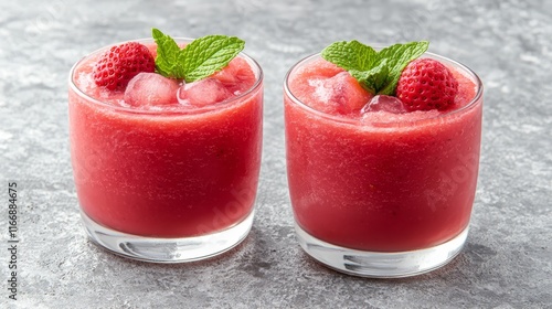Two glasses of watermelon juice with strawberries and mint