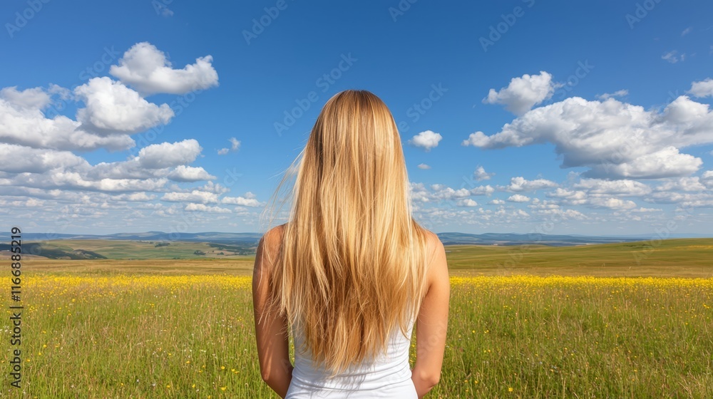 A woman standing in a field of yellow flowers A woman standing in a field of yellow flowers
