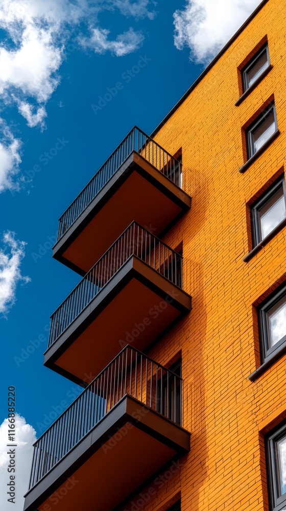 An orange brick building with balconies against a blue sky An orange brick building with balconies against a blue sky