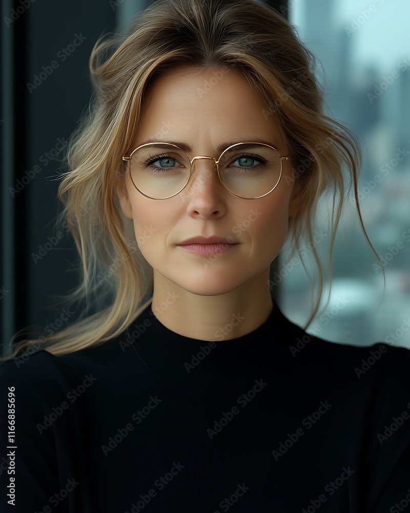 Woman with Blonde Hair Wearing Gold Framed Glasses