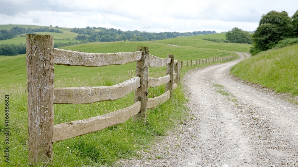 A dirt road with a wooden fence in the middle of it A dirt road with a wooden fence in the middle of it