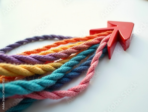 Group Of Colorful Ropes Coming Together To Form A Direction Arrow. Teamwork Concept