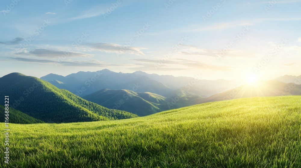 A grassy field with mountains in the background A grassy field with mountains in the background
