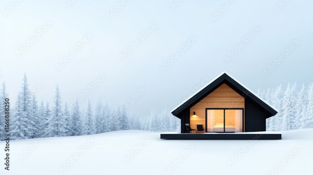 Cozy modern cabin in a snowy landscape with forest backdrop. Cozy modern cabin in a snowy landscape with forest backdrop.