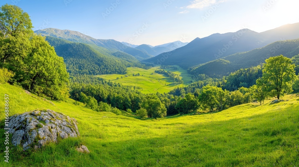 Naklejka premium A grassy field with trees and mountains in the background