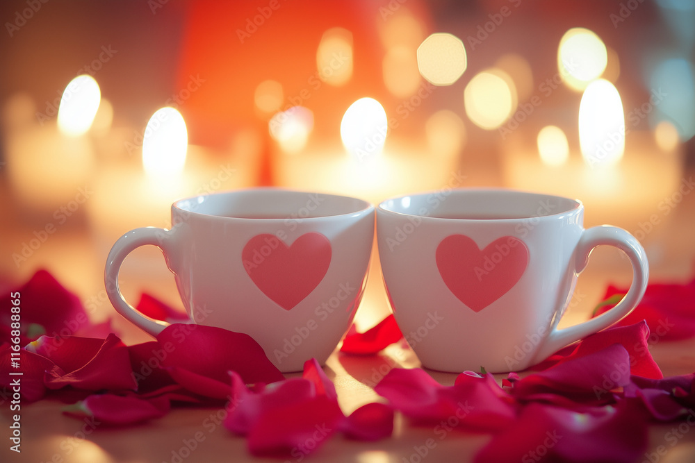 Obraz premium Romantic Coffee Table Setting with Heart Shaped Mugs Rose Petals and Candlelight Ambiance