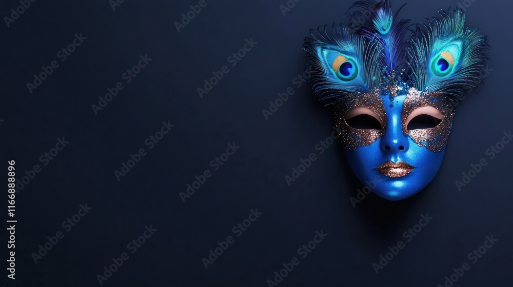 Naklejka premium A vibrant blue masquerade mask adorned with peacock feathers.