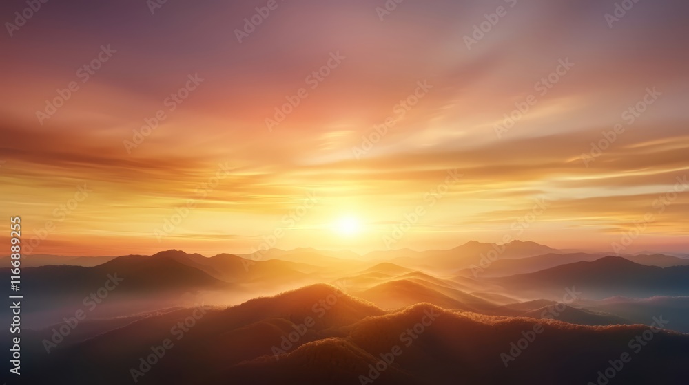 A sunset over a mountain range with the sun setting in the distance