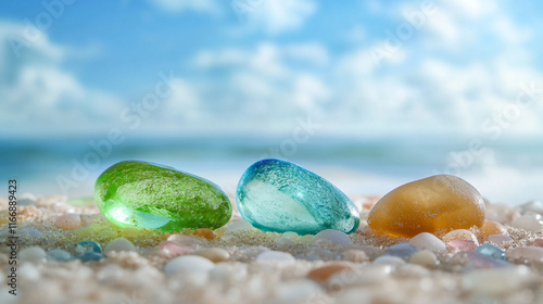 colorful gemstone on a beach, A close-up image of a green sea glass pebble resting on a beach at sunset photo