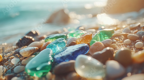 colorful gemstone on a beach, A close-up image of a green sea glass pebble resting on a beach at sunset photo