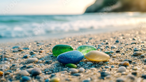 colorful gemstone on a beach, A close-up image of a green sea glass pebble resting on a beach at sunset photo