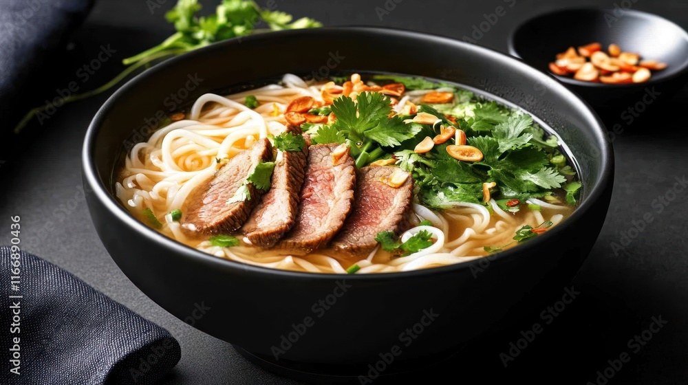 A bowl of noodle soup with beef, herbs, and spices. A bowl of noodle soup with beef, herbs, and spices.