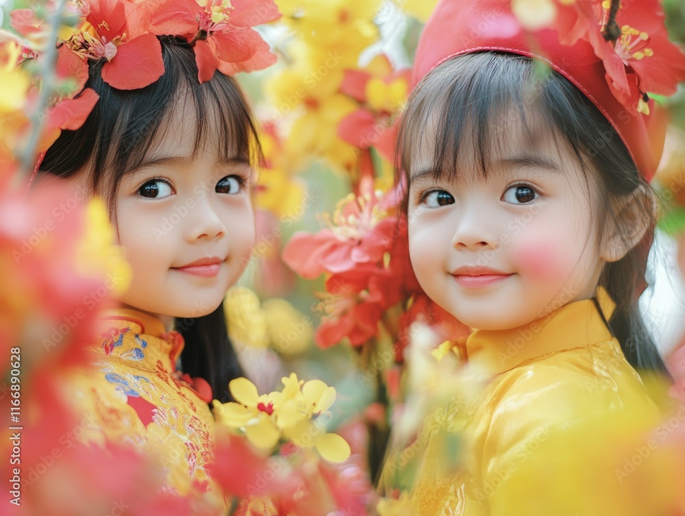 Two Young Girls Smiling Among Blossoms Two Young Girls Smiling Among Blossoms