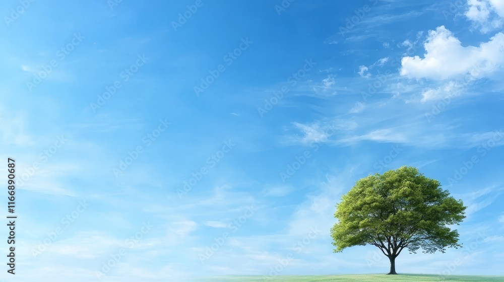 A lone tree in the middle of a grassy field under a blue sky