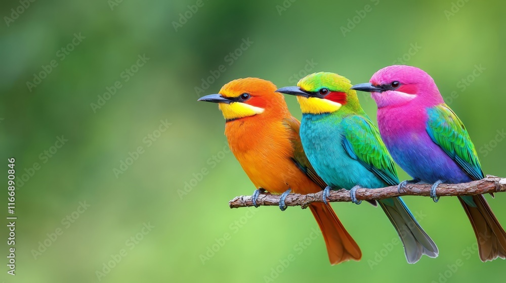 A group of colorful birds sitting on top of a branch A group of colorful birds sitting on top of a branch