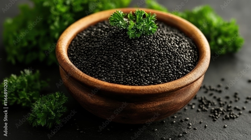 Black Chia Seeds in Wooden Bowl with Parsley Black Chia Seeds in Wooden Bowl with Parsley