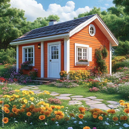 Orange Cottage Nestled In A Vibrant Flower Garden