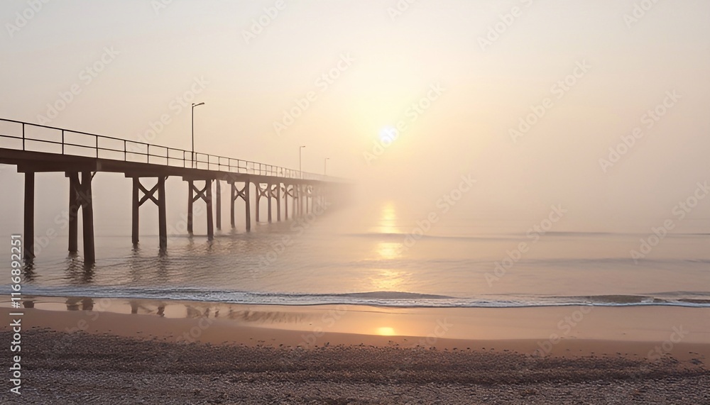A wooden pier stretches far out to sea. Foggy morning. Generative AI A wooden pier stretches far out to sea. Foggy morning. Generative AI