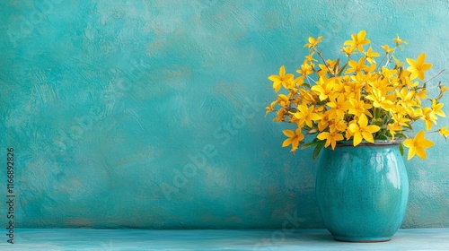 A blue vase filled with yellow flowers on a blue table