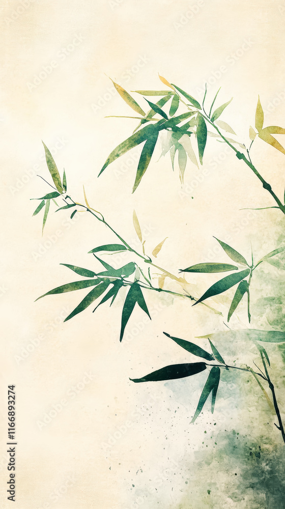 Fototapeta premium Aquarel ink painting of flying bamboo leaves, minimalist, oriental brushwork, light background. Generative AI