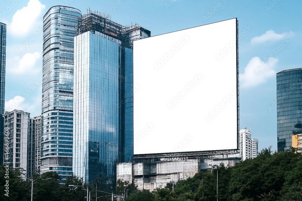 Mock up white vertical large LED display billboard on tower building with blue sky background .clipping path for mockup Mock up white vertical large LED display billboard on tower building with blue sky background .clipping path for mockup