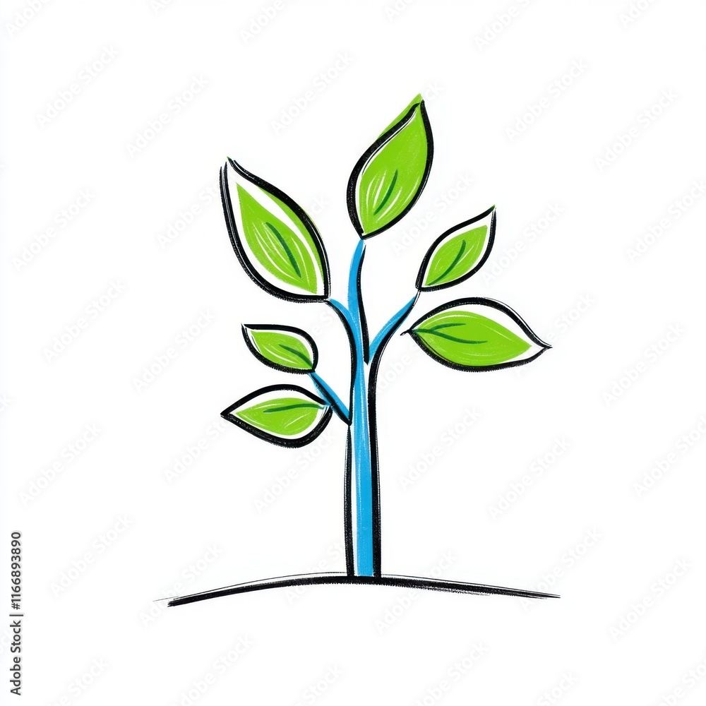 Colorful Hand-Drawn Plant Illustration with Green Leaves on White Background Colorful Hand-Drawn Plant Illustration with Green Leaves on White Background