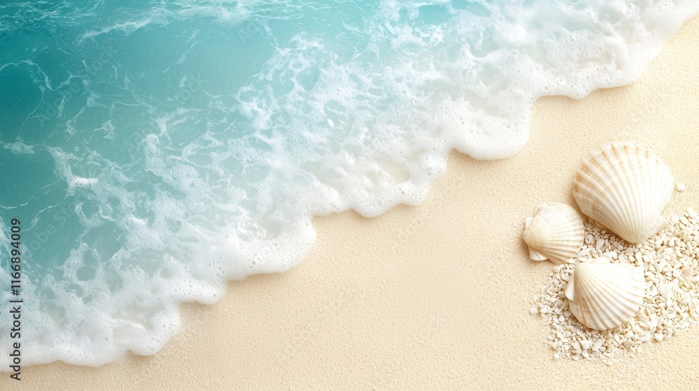 Two seashells on a sandy beach next to the ocean Two seashells on a sandy beach next to the ocean