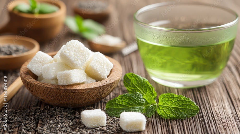 A bowl of sugar cubes next to a bowl of green tea A bowl of sugar cubes next to a bowl of green tea