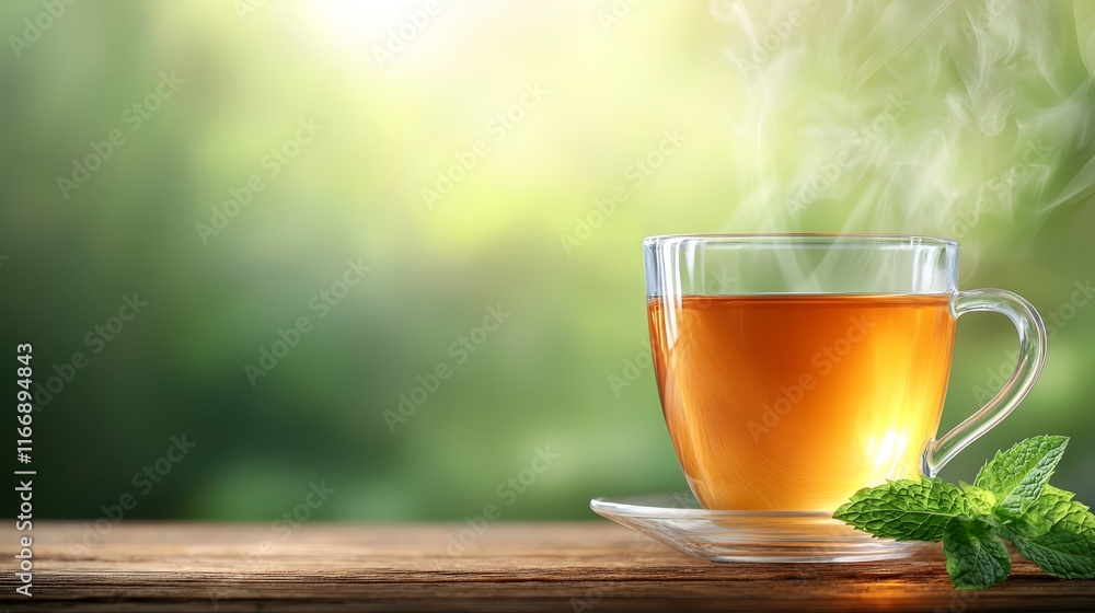 A cup of tea with steam coming out of it on a wooden table A cup of tea with steam coming out of it on a wooden table