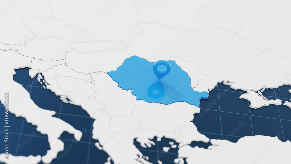 Obraz premium Blue Romania 3d map with pointer pin surrounded with other countries in white. Europe political map with borders. 3d render illustration