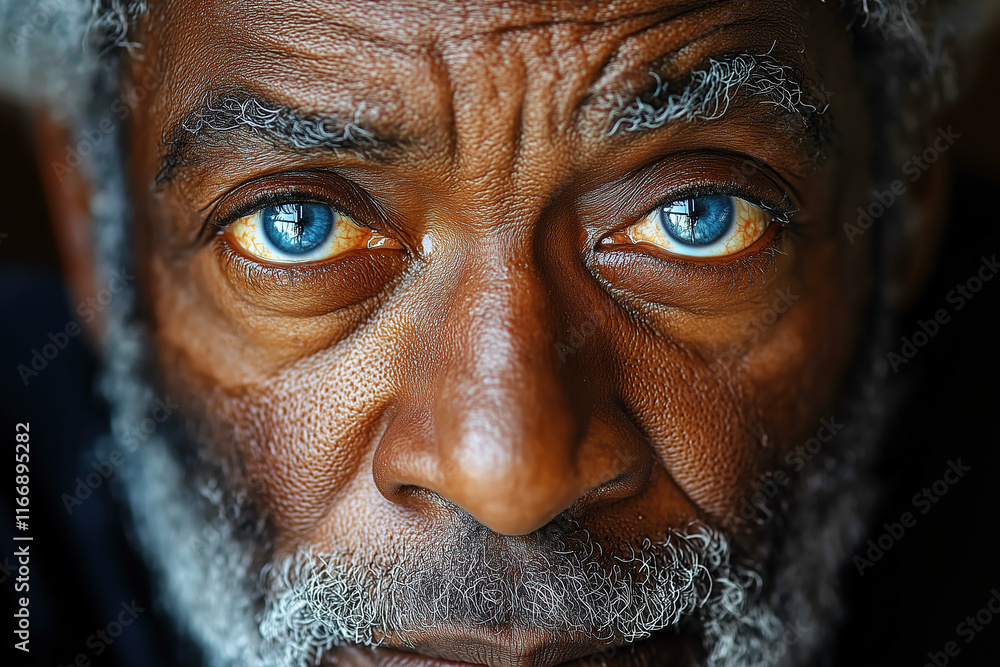 A close-up portrait of an elderly Black man with piercing blue eyes, capturing the intensity and depth in his gaze. A close-up portrait of an elderly Black man with piercing blue eyes, capturing the intensity and depth in his gaze.