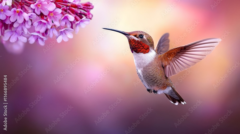 Naklejka premium A hummingbird flying through the air next to a flower