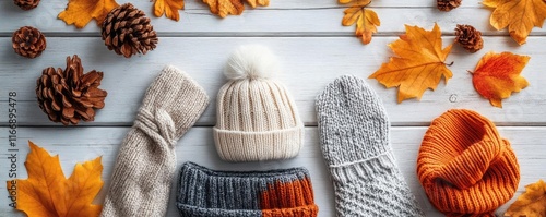 A flat lay of fall accessories, including gloves, hats, and scarves photo