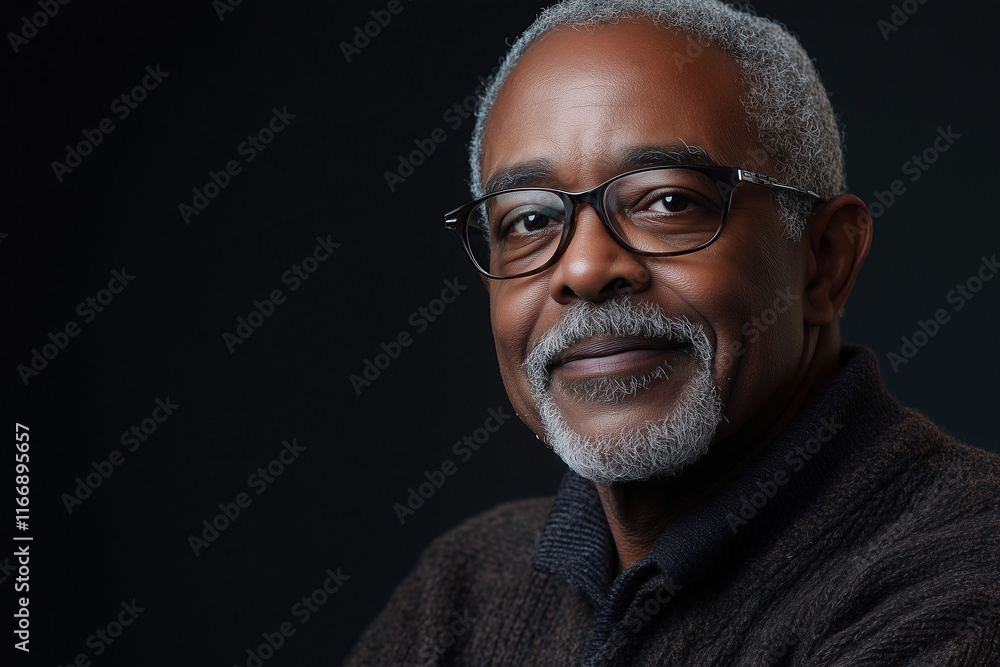 Portrait of elegant older Black man with glasses, short gray hair, and a goatee, wearing a dark sweater. Portrait of elegant older Black man with glasses, short gray hair, and a goatee, wearing a dark sweater.