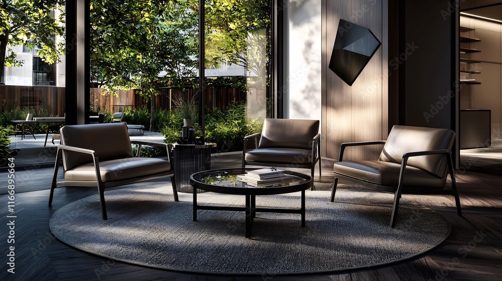 Modern Lounge Area with Garden View: Serene Interior Design Modern Lounge Area with Garden View: Serene Interior Design